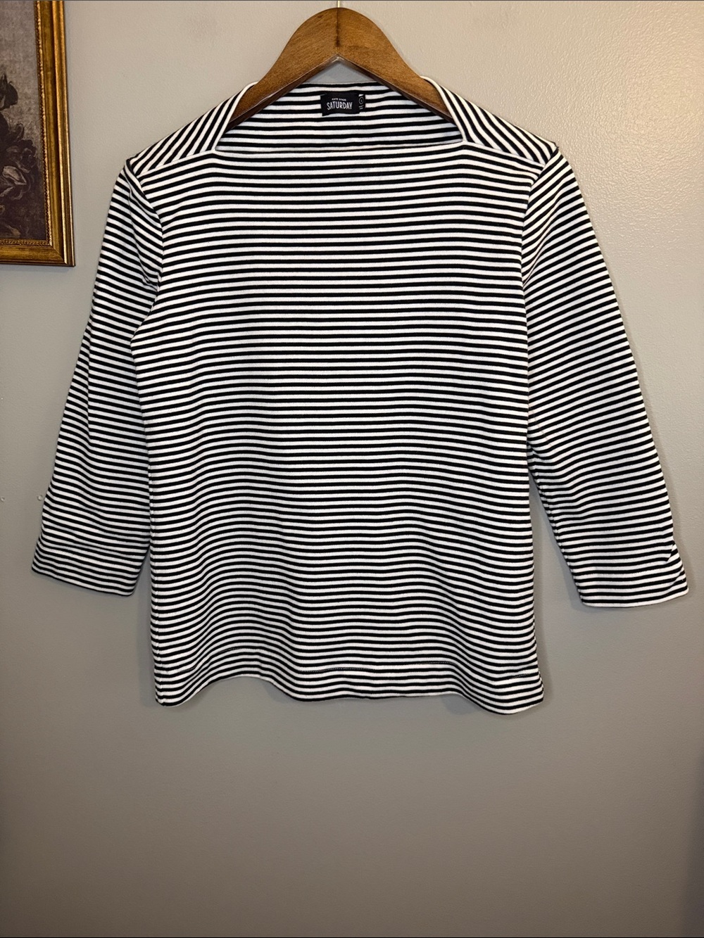 Kate Spade Saturday Striped Boat Neck 3/4 Sleeve Cotton Knit Top L Black White - Picture 3 of 9